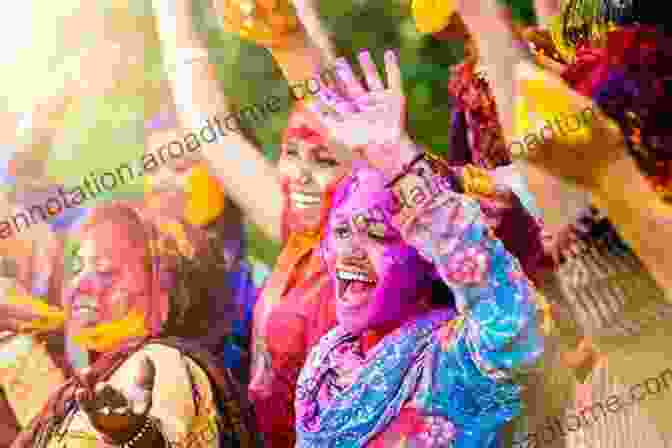 A Vibrant Image Of A Hindu Temple During The Festival Of Holi, With People Celebrating And Throwing Colored Powder. South Asian Religions On Display: Religious Processions In South Asia And In The Diaspora (Routledge South Asian Religion Series)